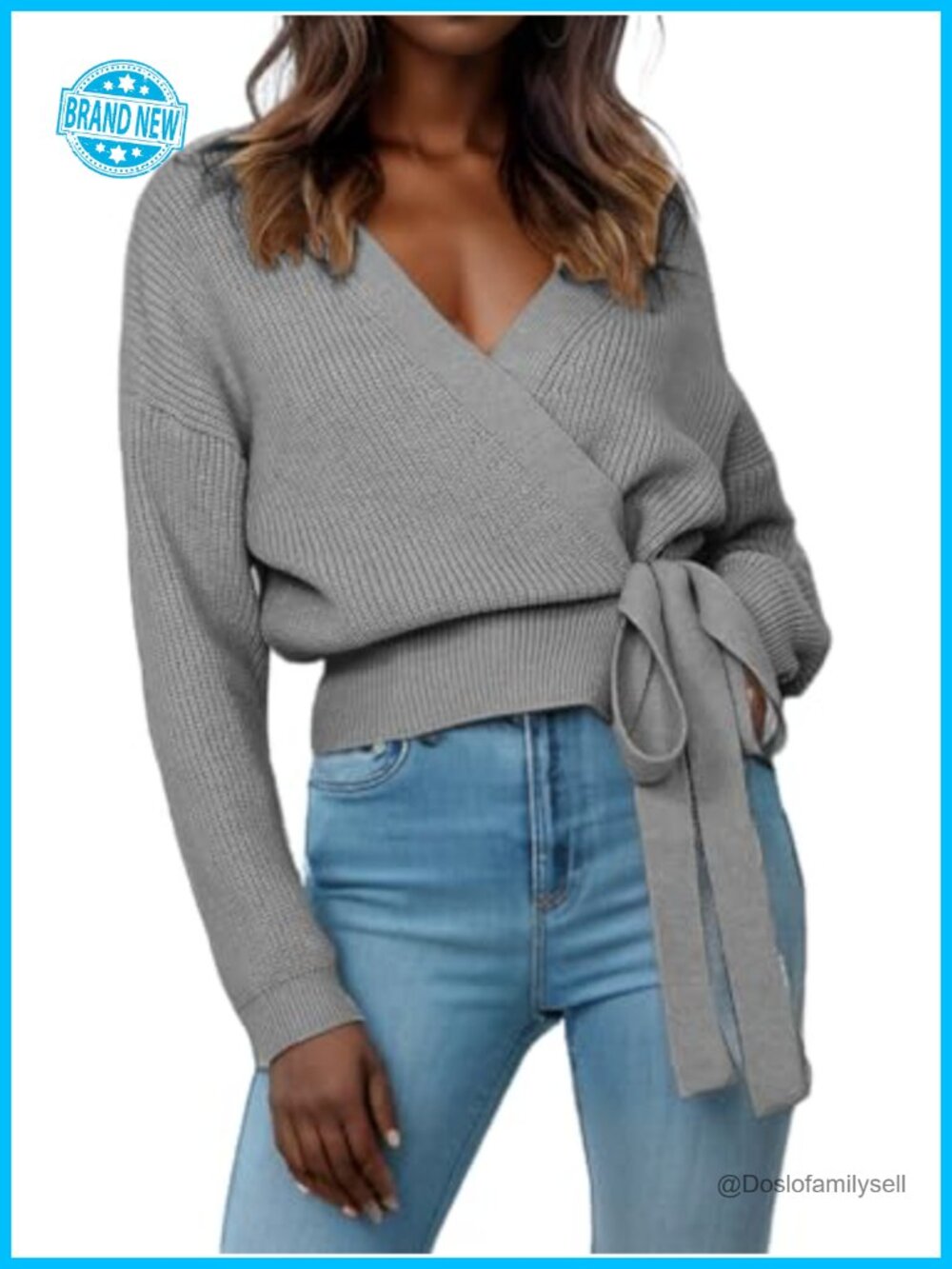 Womens V Neck Wrap Sweater Ribbed Drop Shoulder Knitted Pullover